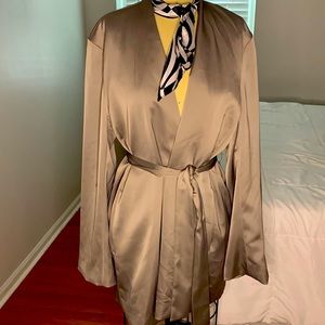 Taupe satin blazer with tie belt. Worn once. Excellent condition.